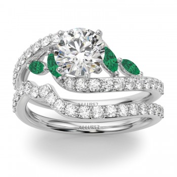 Swirl Design Lab Grown Diamond & Marquise Lab Emerald Bridal Ring Set 18K White Gold (0.96ct)